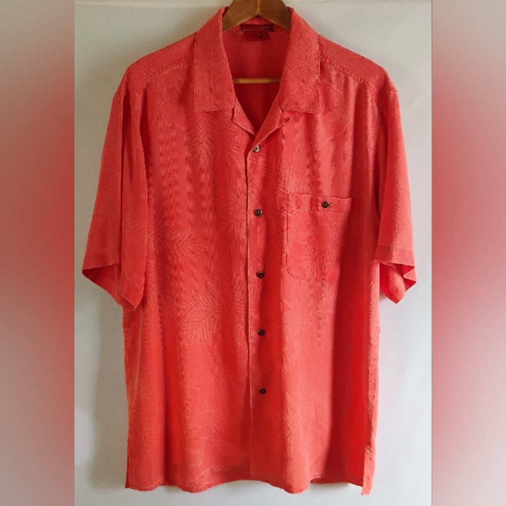 Vintage Tulliano 100% Silk Shirt Men's Sz L Hawaiian Floral Print Orange R-3